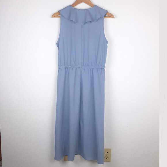 Ruffle Front Chambray Dress Size 10. Blue Midi Frilly Feminine Sun London Times - Picture 2 of 16